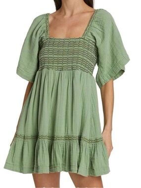 Free People Easy To Love Light Sage Smocked Mini Dress